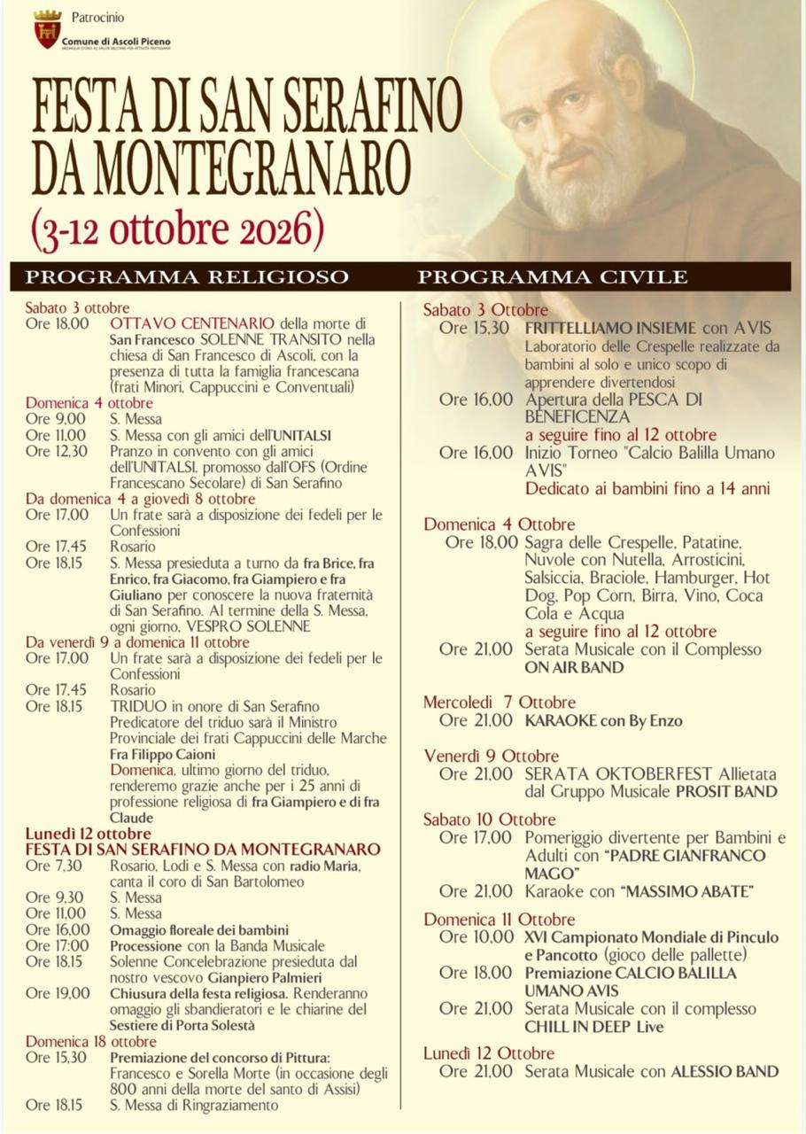 Festa di San Serafino da Montegranaro 2026 ad Ascoli Piceno - locandina